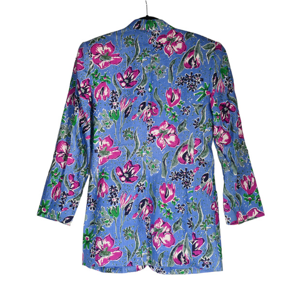 Vintage Blazer Womens Size 2 Blue Floral Linen Pockets Lined Shoulder Pads - Picture 7 of 8